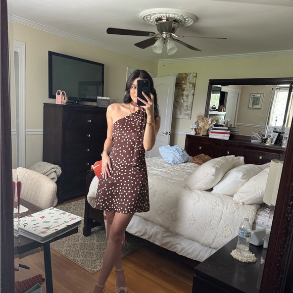 Meshki Joan Satin Brown Polka Dot One Shoulder Dress - Picture 3 of 3